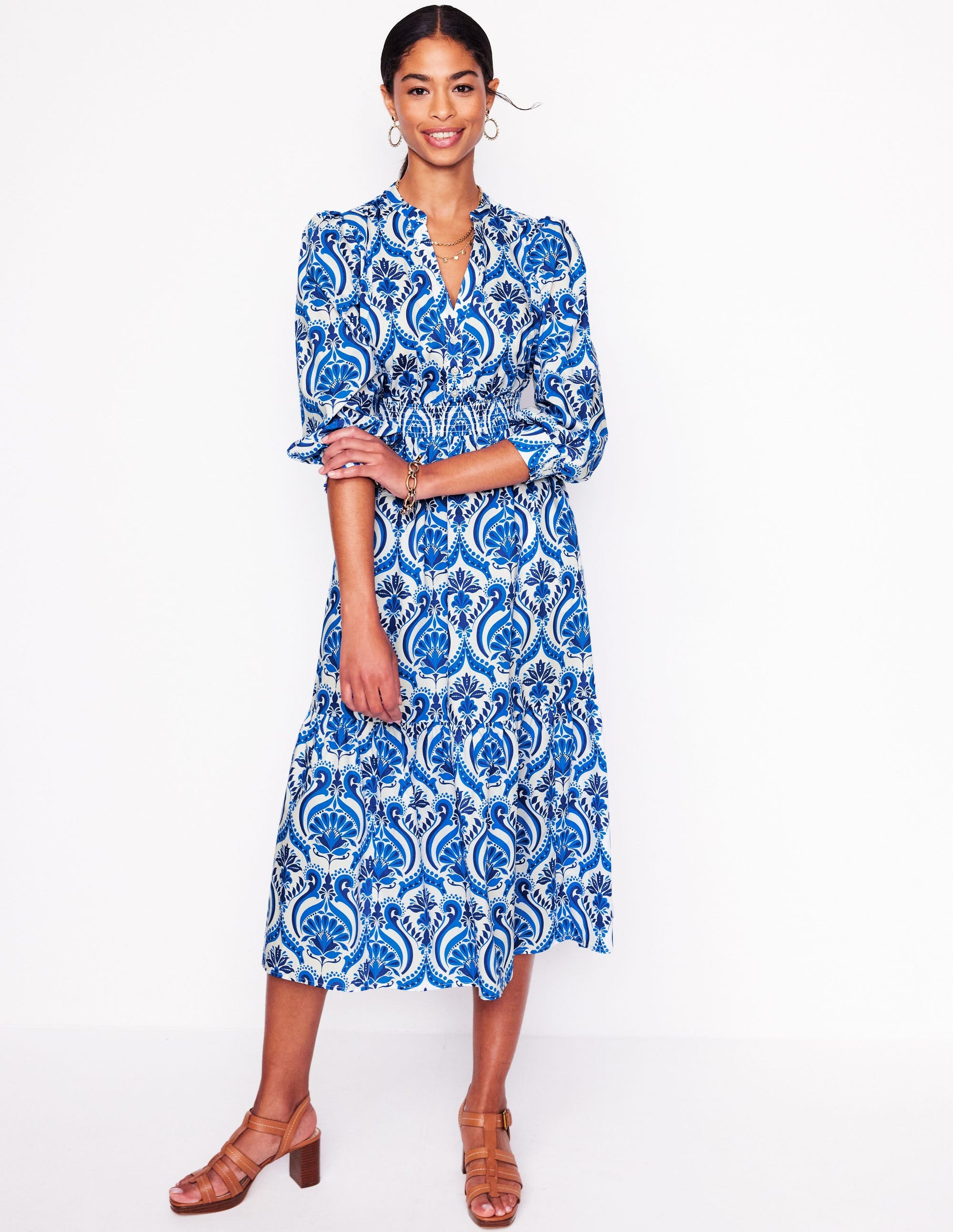 Elena Tiered Cotton Midi Dress-Blue, Ornamental Floral | Boden Global Elena Tiered Cotton Midi Dress-Blue, Ornamental Floral | Boden Global