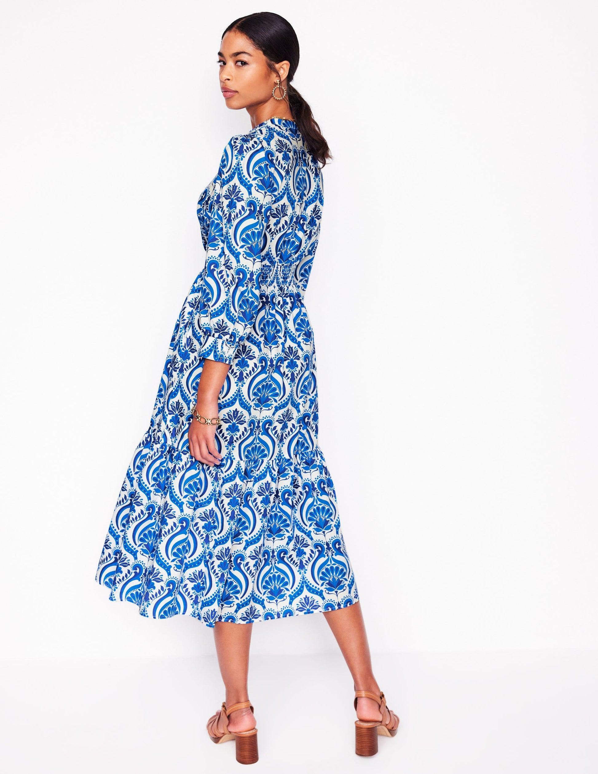 Elena Tiered Cotton Midi Dress-Blue, Ornamental Floral | Boden Global Elena Tiered Cotton Midi Dress-Blue, Ornamental Floral | Boden Global