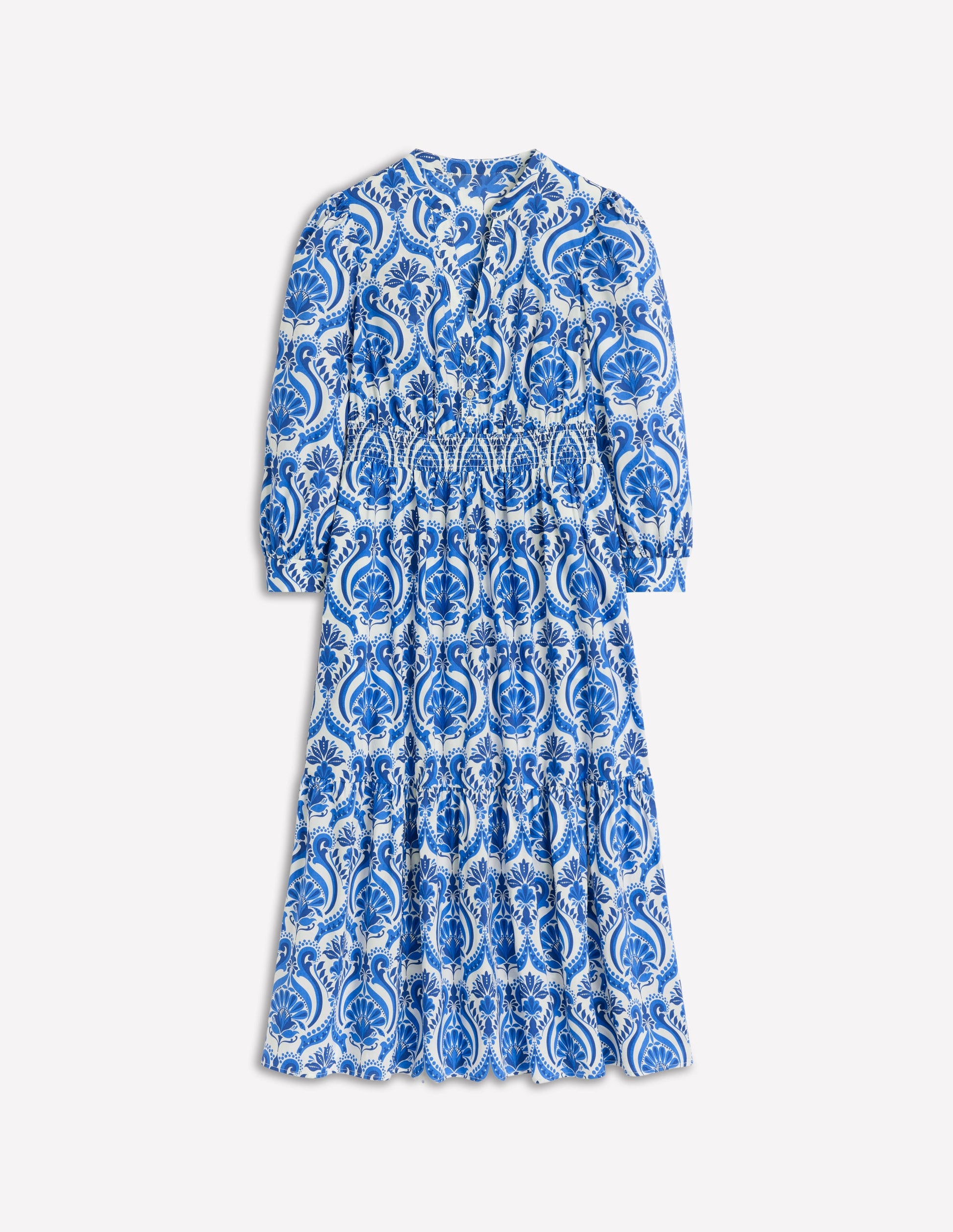Elena Tiered Cotton Midi Dress-Blue, Ornamental Floral-6
