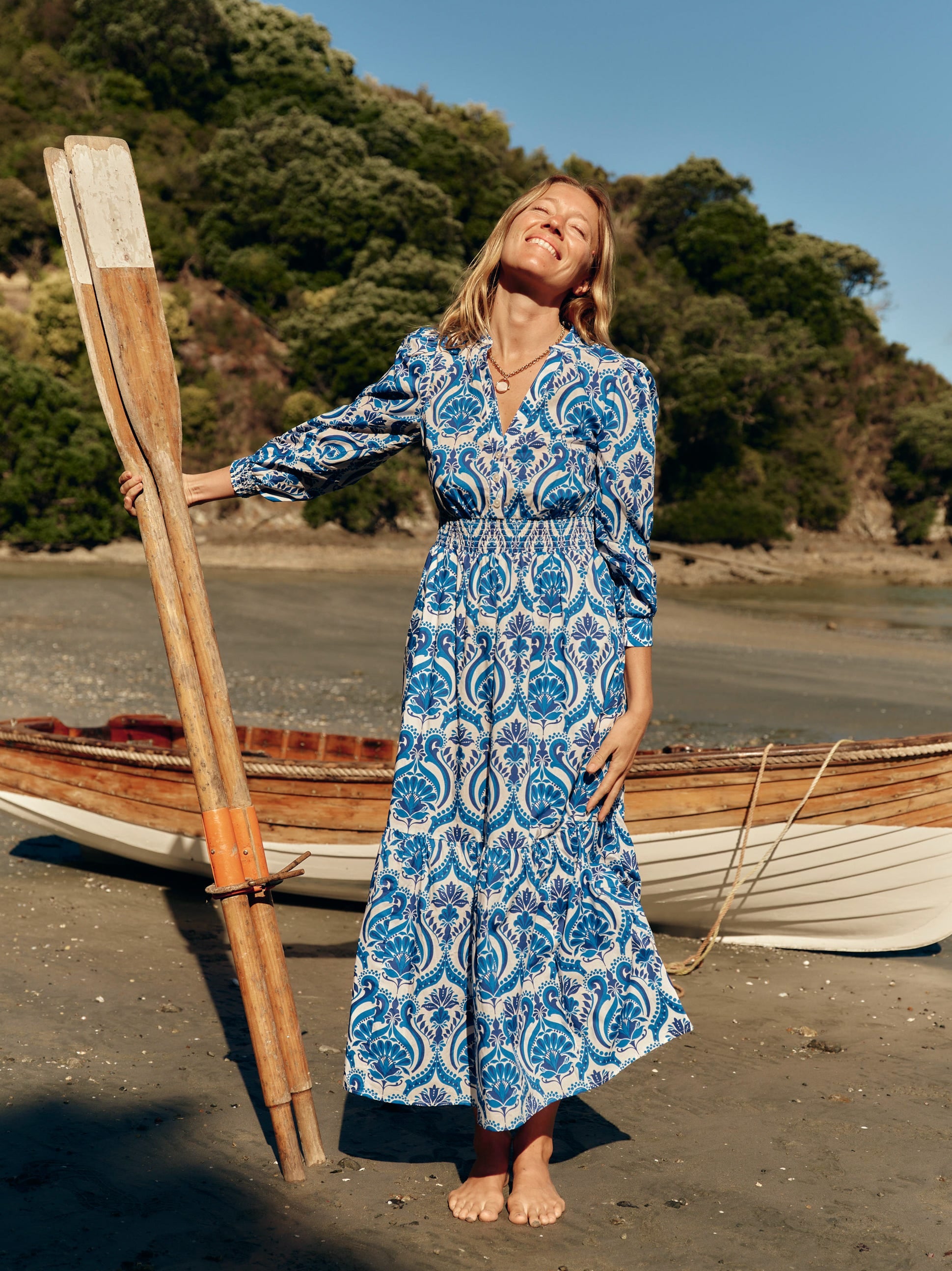 Elena Tiered Cotton Midi Dress-Blue, Ornamental Floral | Boden Global Elena Tiered Cotton Midi Dress-Blue, Ornamental Floral | Boden Global