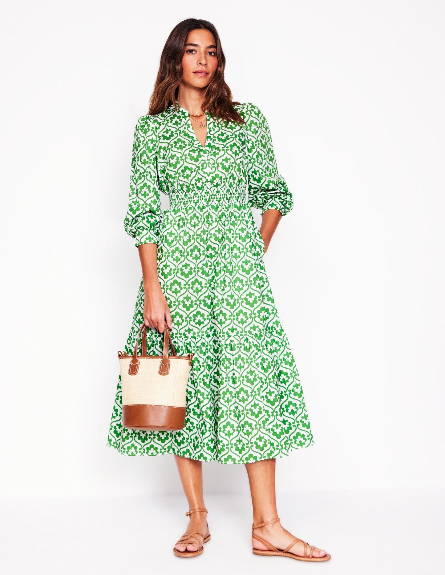 Elena Tiered Cotton Midi Dress-Iguana Green, Ivy Trellis