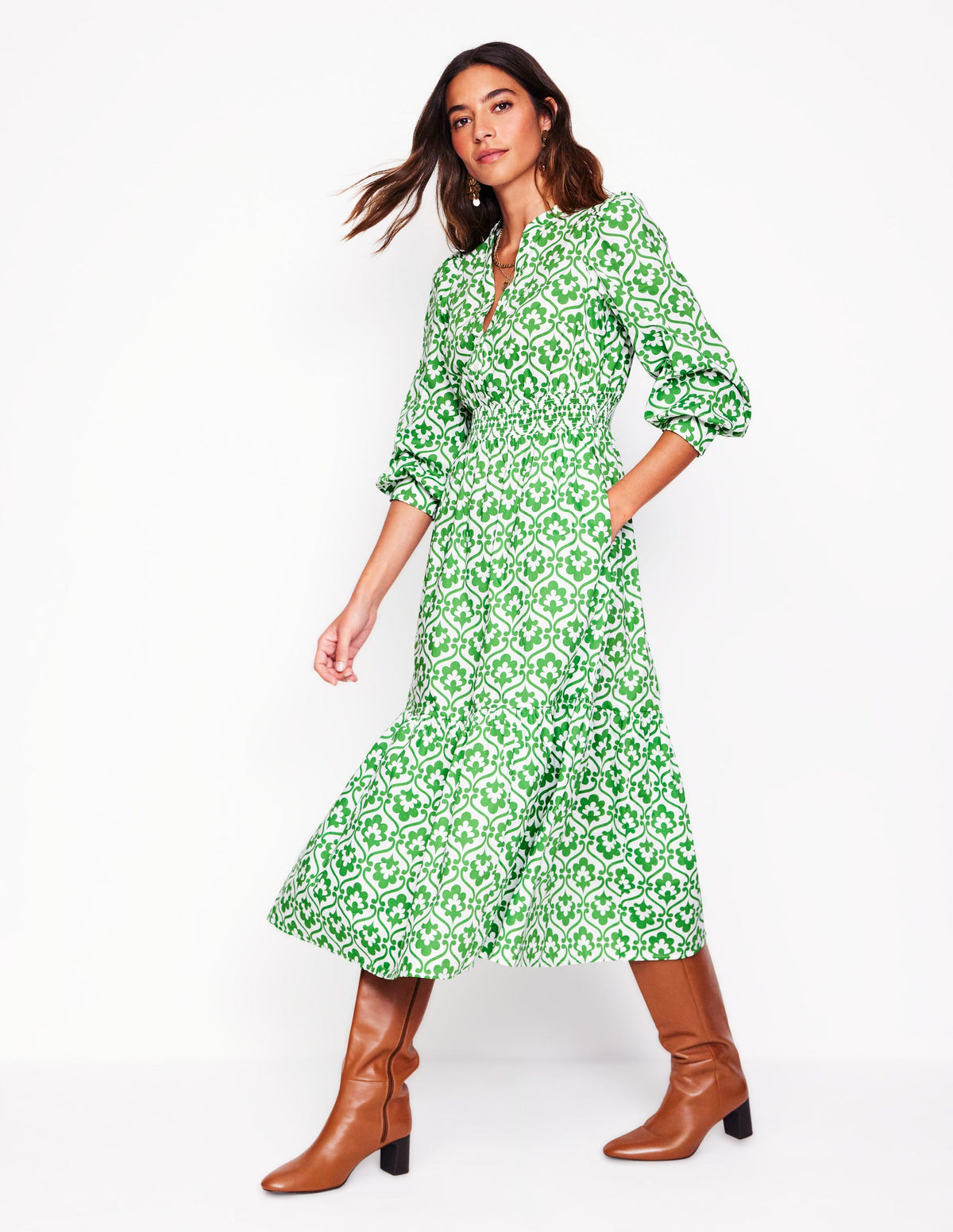Elena Tiered Cotton Midi Dress-Paradise Green, Ivy Trellis - Image 5