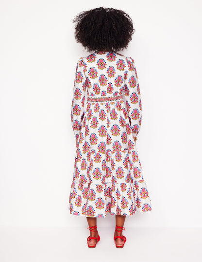 Violet Cotton Midi Dress-Ivory, Wildflower Stamp