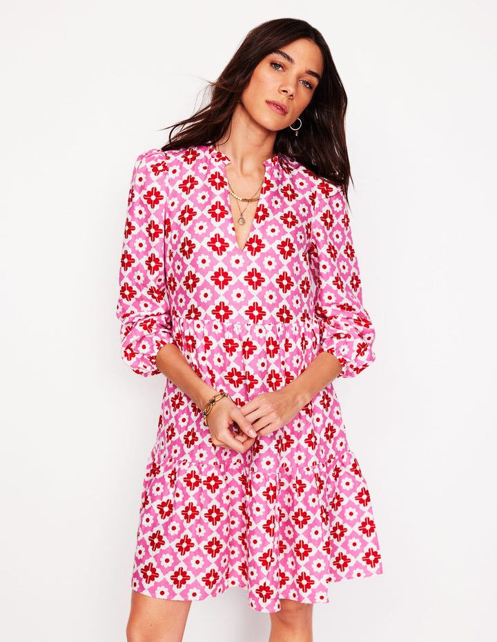 Esme Linen Mini Dress-Pink Power, Geometric Stamp