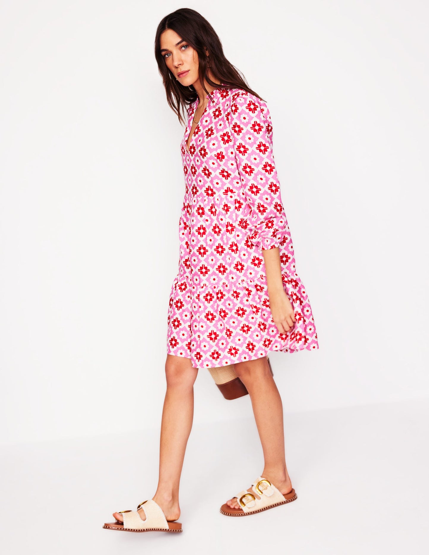 Esme Linen Short Dress-Pink Power, Geometric Stamp