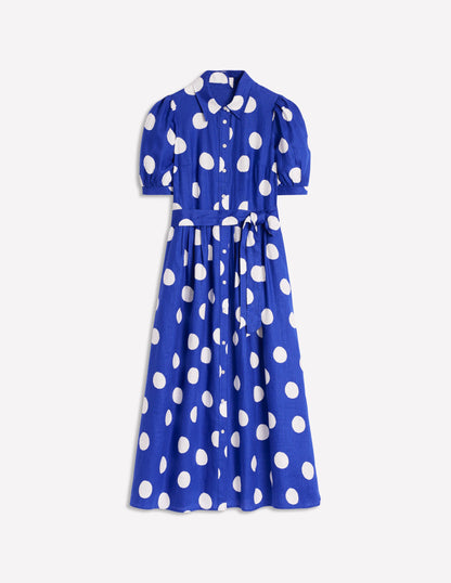 Alexa Linen Maxi Shirt Dress-Bright Blue, Abstract Dot