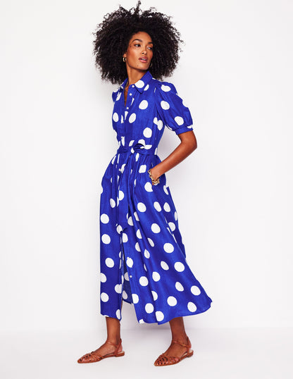 Alexa Linen Maxi Shirt Dress-Bright Blue, Abstract Dot