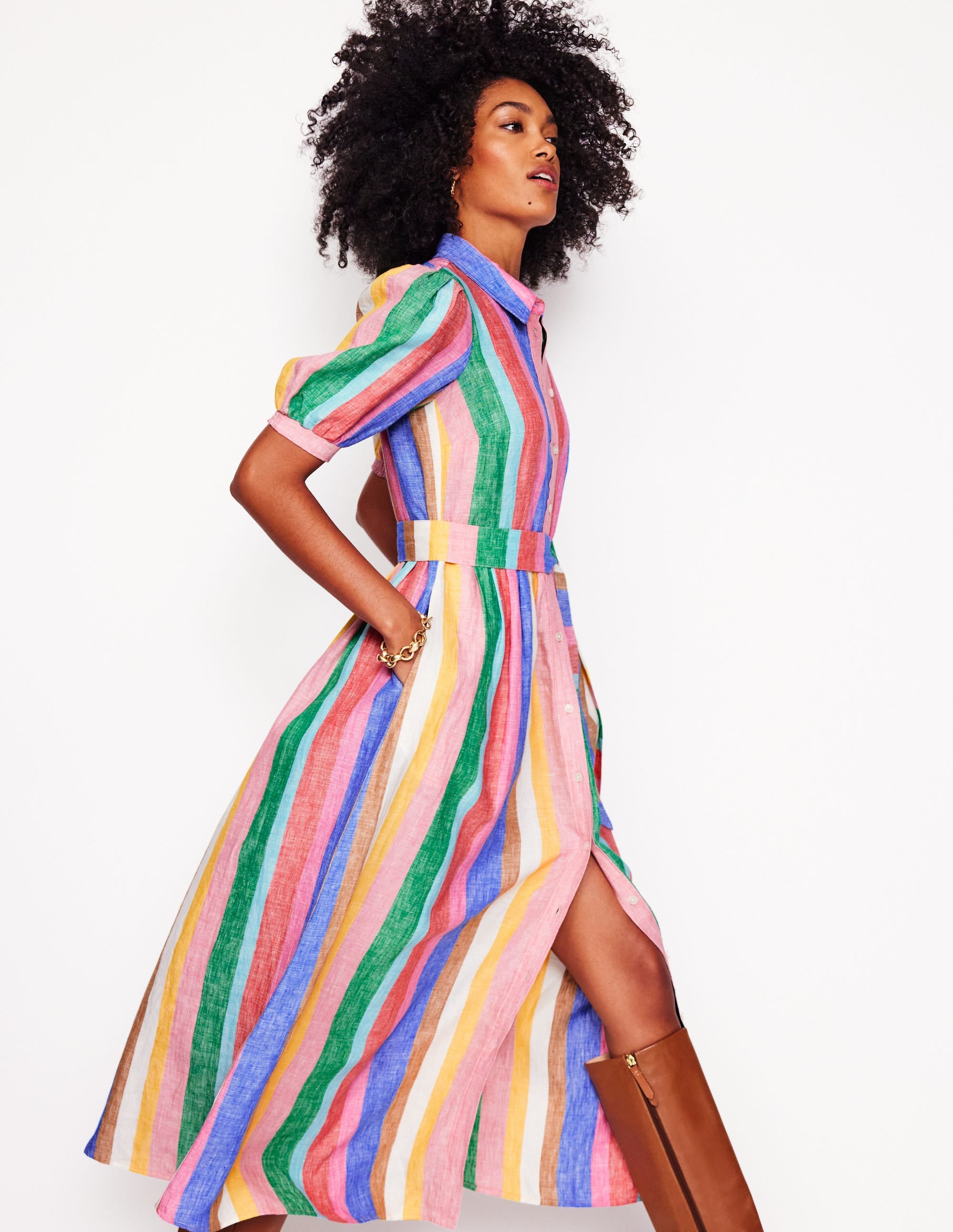 Alexa Linen Maxi Shirt Dress-Bright Rainbow Stripe - Image 1