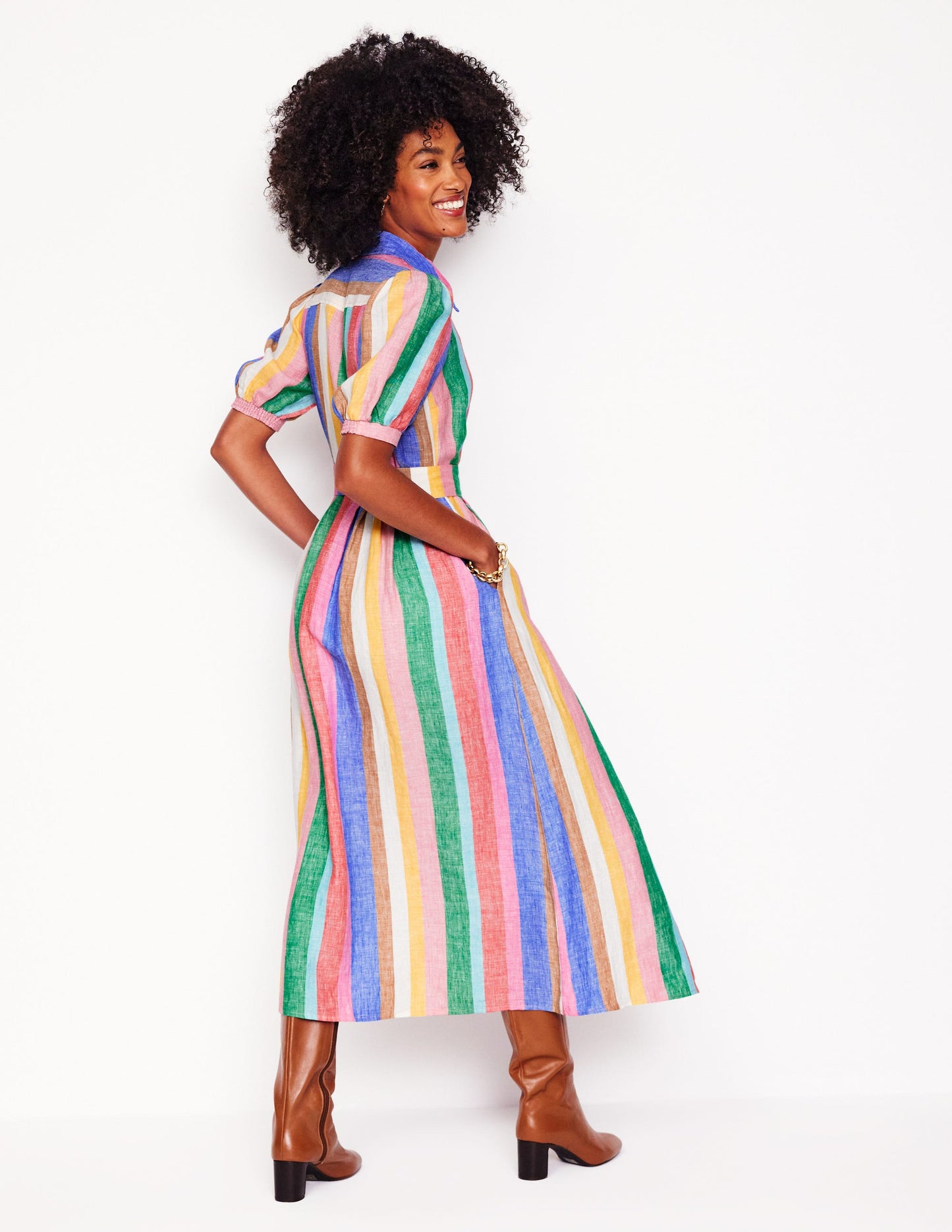 Alexa Linen Maxi Shirt Dress-Rich Emerald and Pink Rainbow