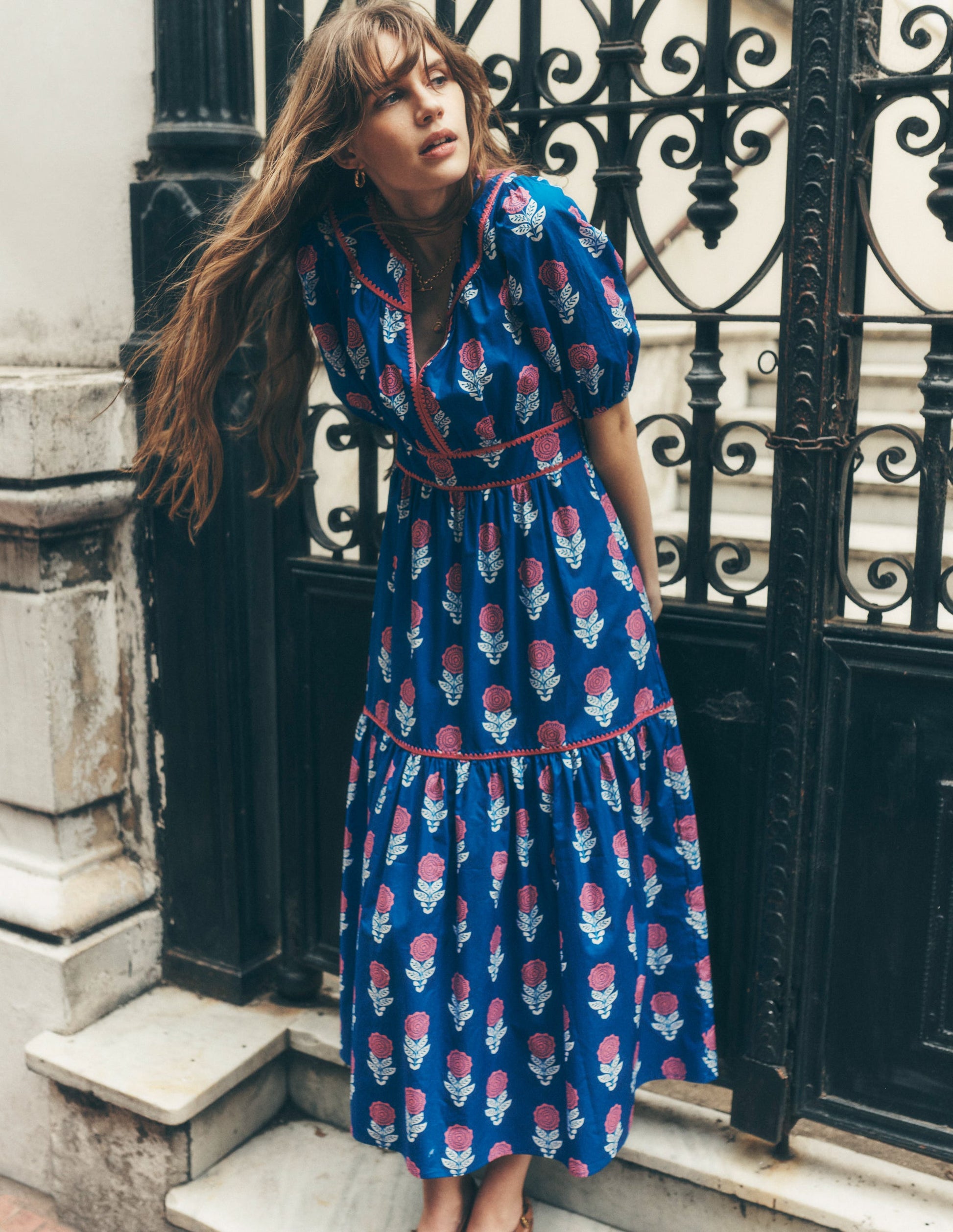 Rhea Embroidered Midi Dress-Gallery Blue, Dahlia Sprig | Boden Global Rhea Embroidered Midi Dress-Gallery Blue, Dahlia Sprig | Boden Global