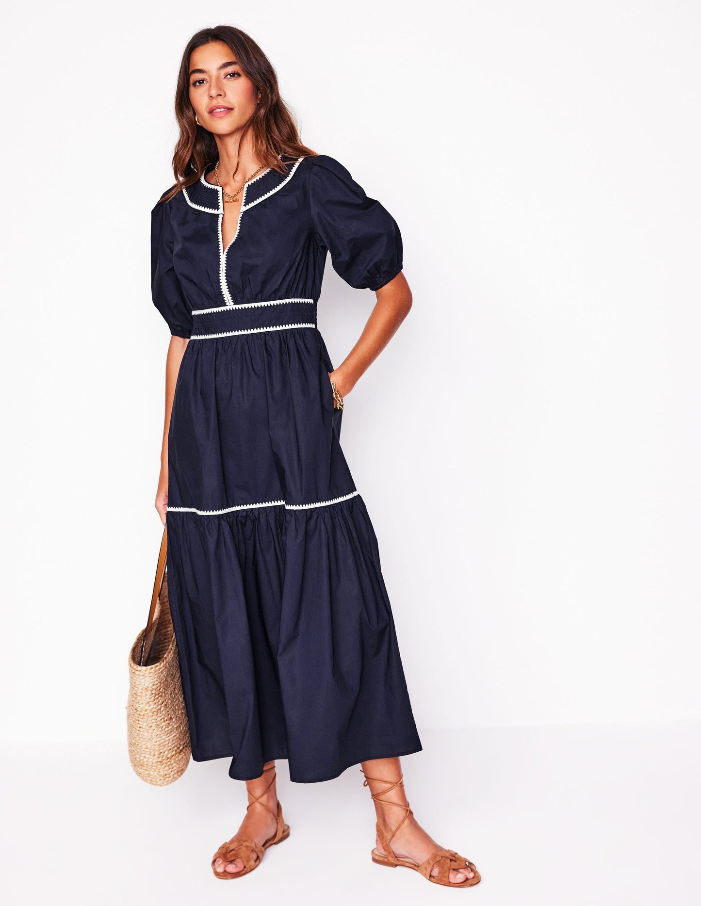 Rhea Embroidered Midi Dress-Navy