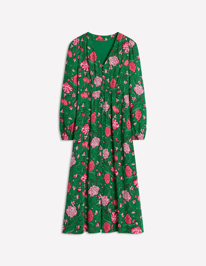 Cynthia Button Tea Dress-Rich Emerald, Carnation Vine-7