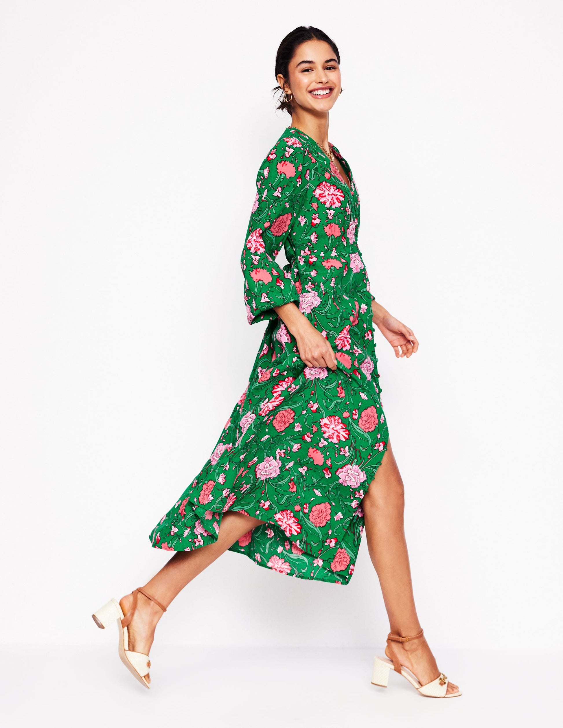 Cynthia Button Tea Dress-Rich Emerald, Carnation Vine-1
