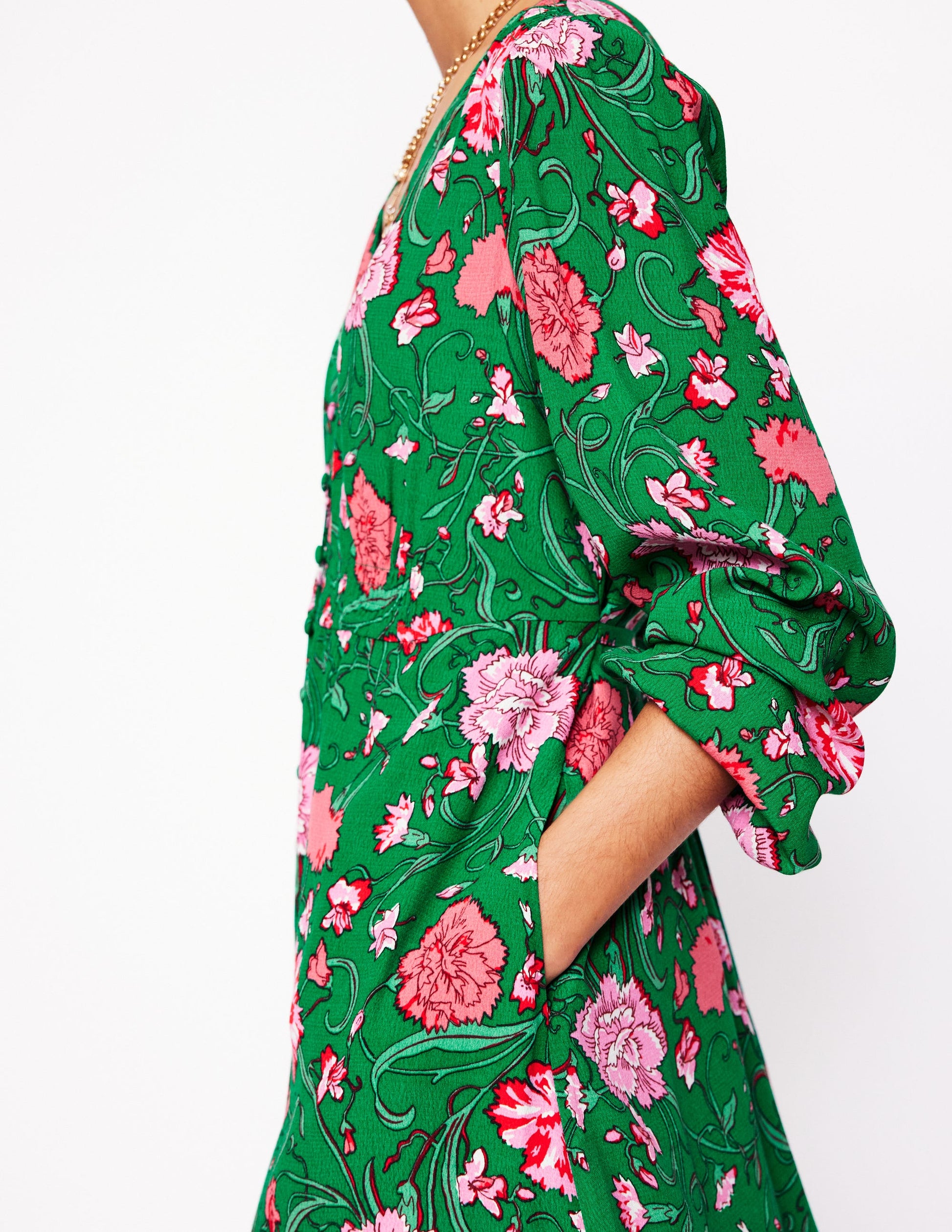 Cynthia Button Tea Dress-Rich Emerald, Carnation Vine-2