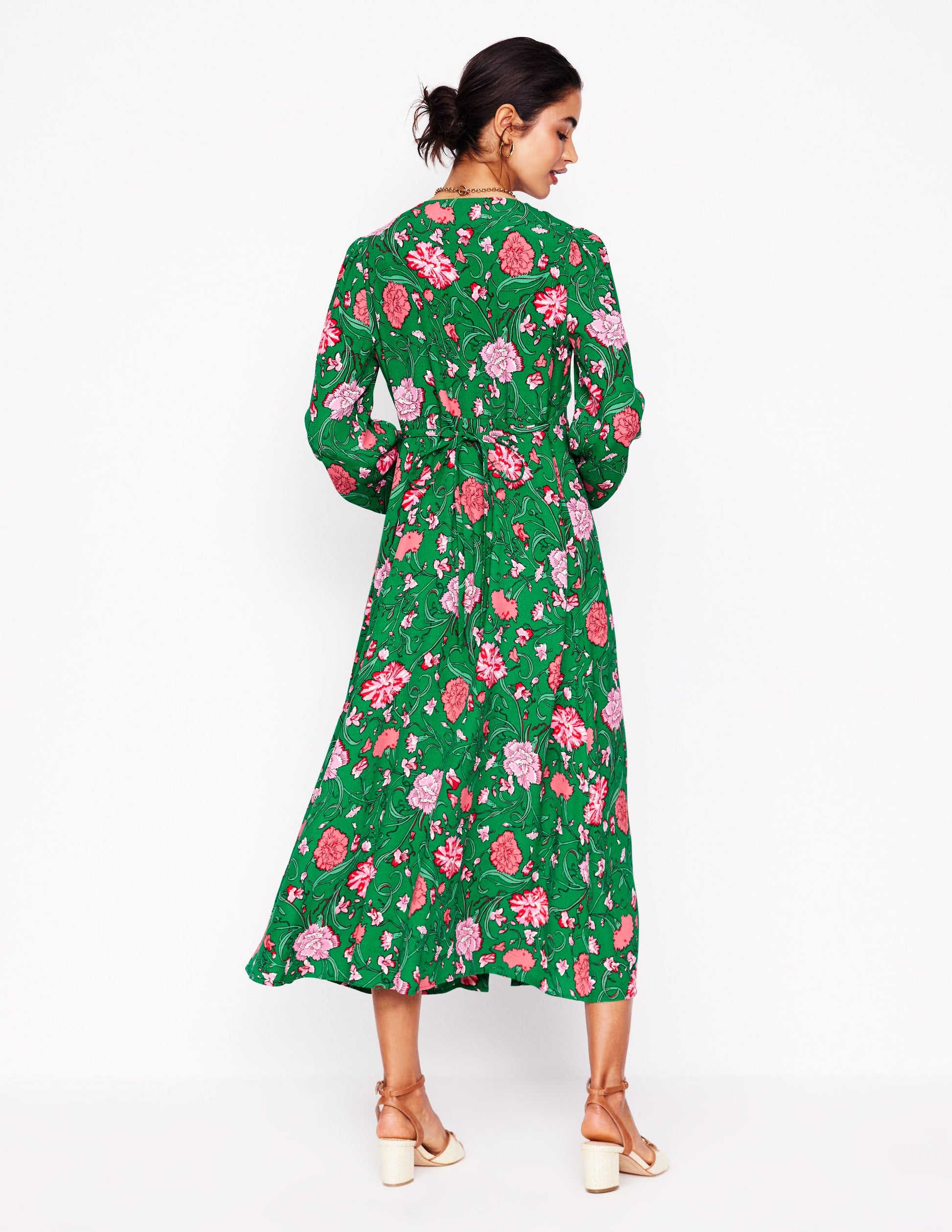 Cynthia Button Tea Dress-Rich Emerald, Carnation Vine-3