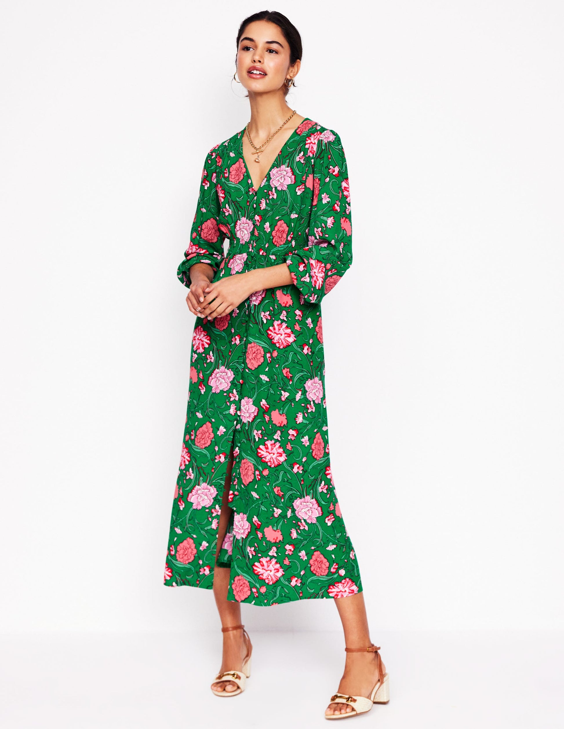 Cynthia Button Tea Dress-Rich Emerald, Carnation Vine-4