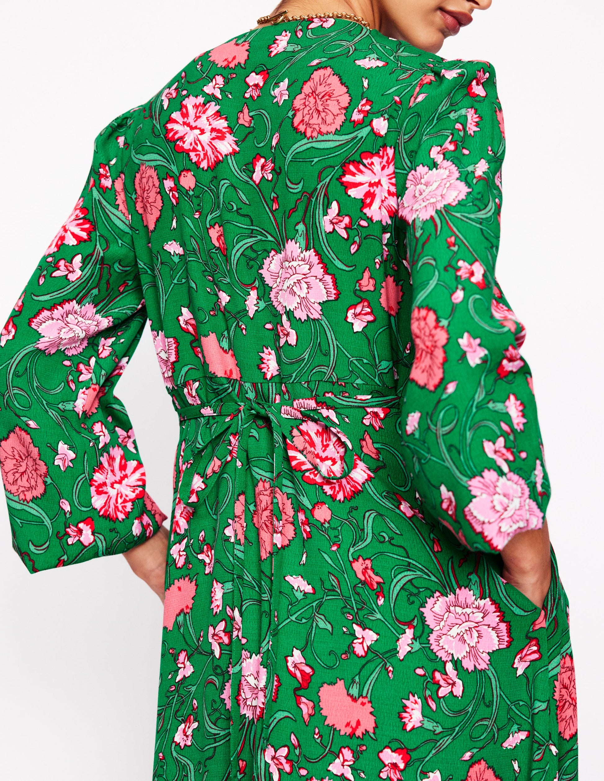 Cynthia Button Tea Dress-Rich Emerald, Carnation Vine-5