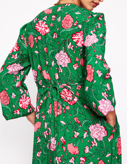 Cynthia Button Tea Dress-Rich Emerald, Carnation Vine-5