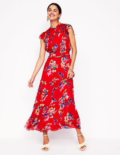 Sleeveless Ruffle Dress-Rouge, Delicate Blooms