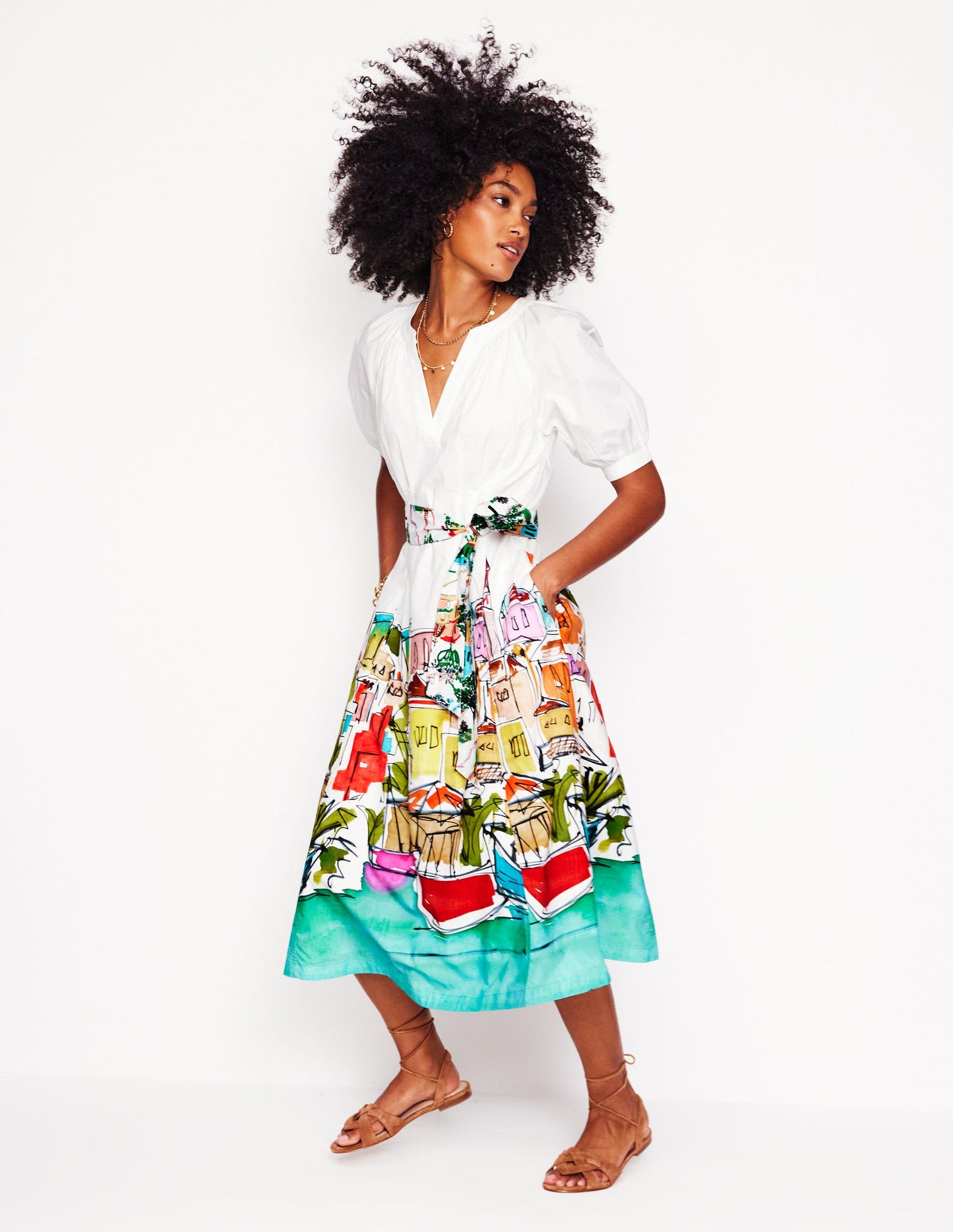 Bria Puff Sleeve Midi Dress-Multi, Rainbow Village