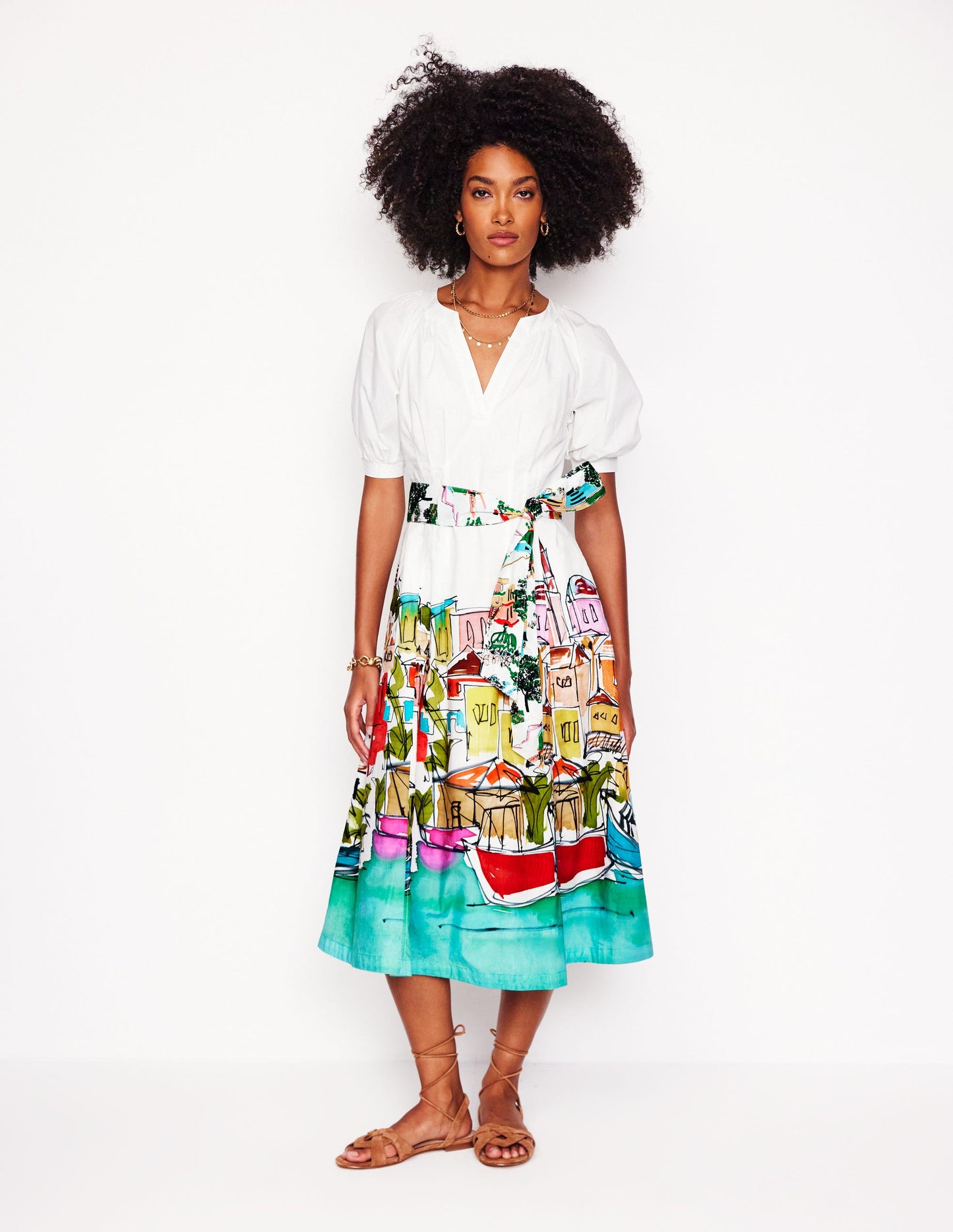 Bria Puff Sleeve Midi Dress-Multi, Rainbow Village