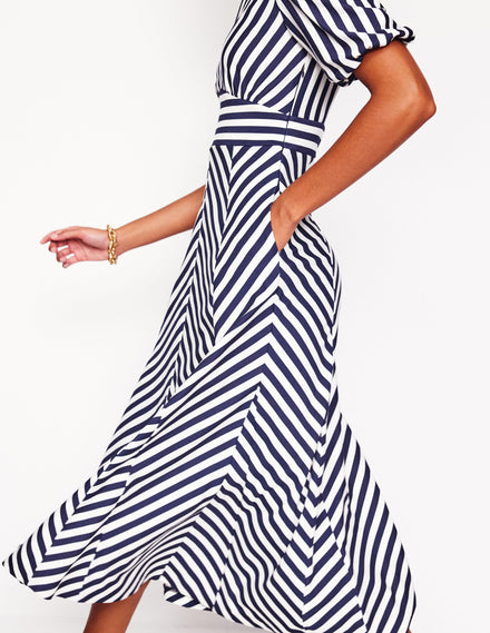 Ponte Panelled Tea Dress-French Navy, Ivory Stripe