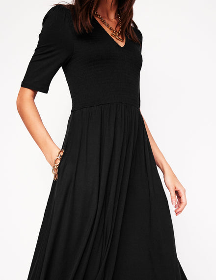 Bethany Smocked Jersey Dress-Black