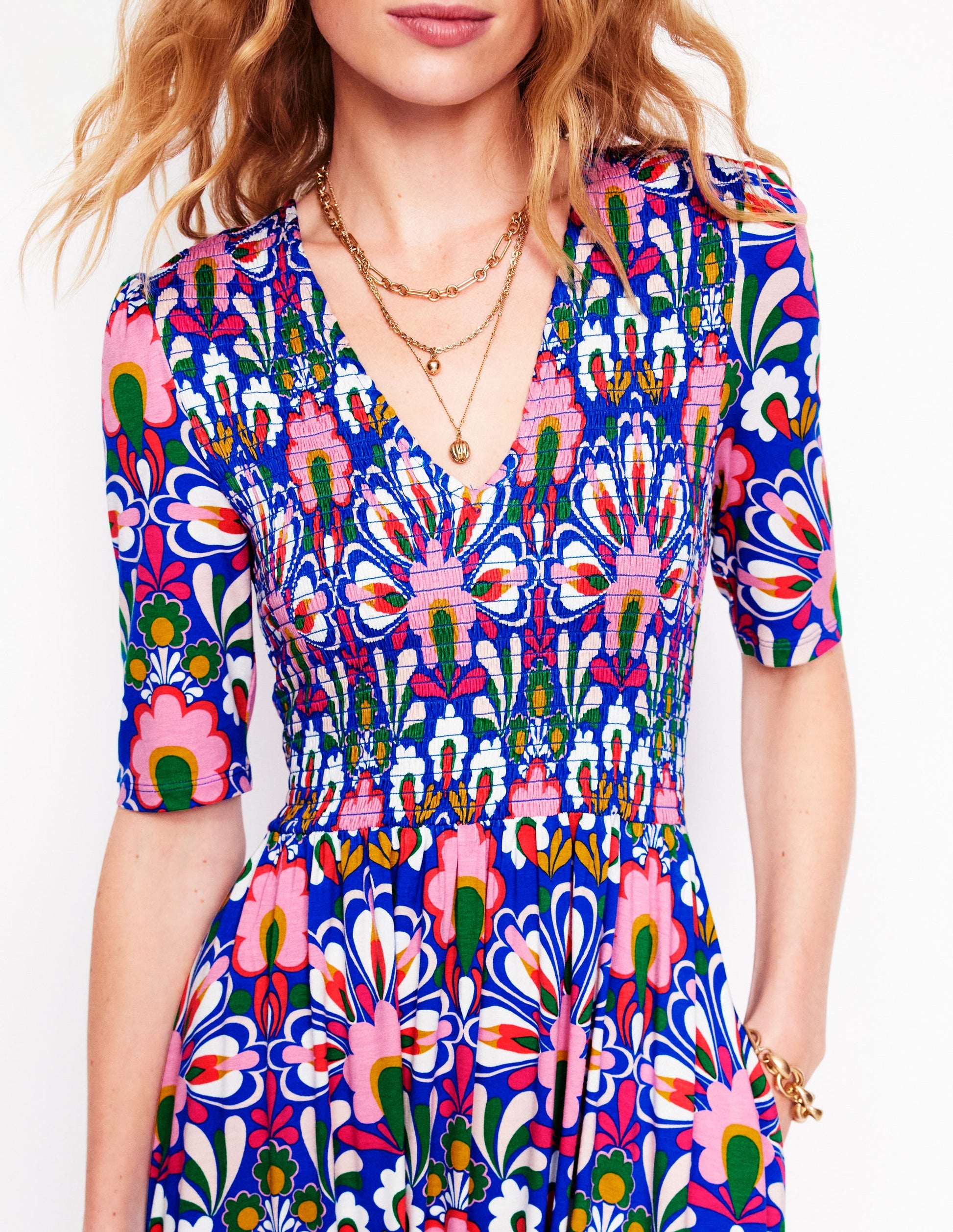 Bethany Smocked Jersey Dress-Gallery Blue, Dandelion | Boden Global Bethany Smocked Jersey Dress-Gallery Blue, Dandelion | Boden Global
