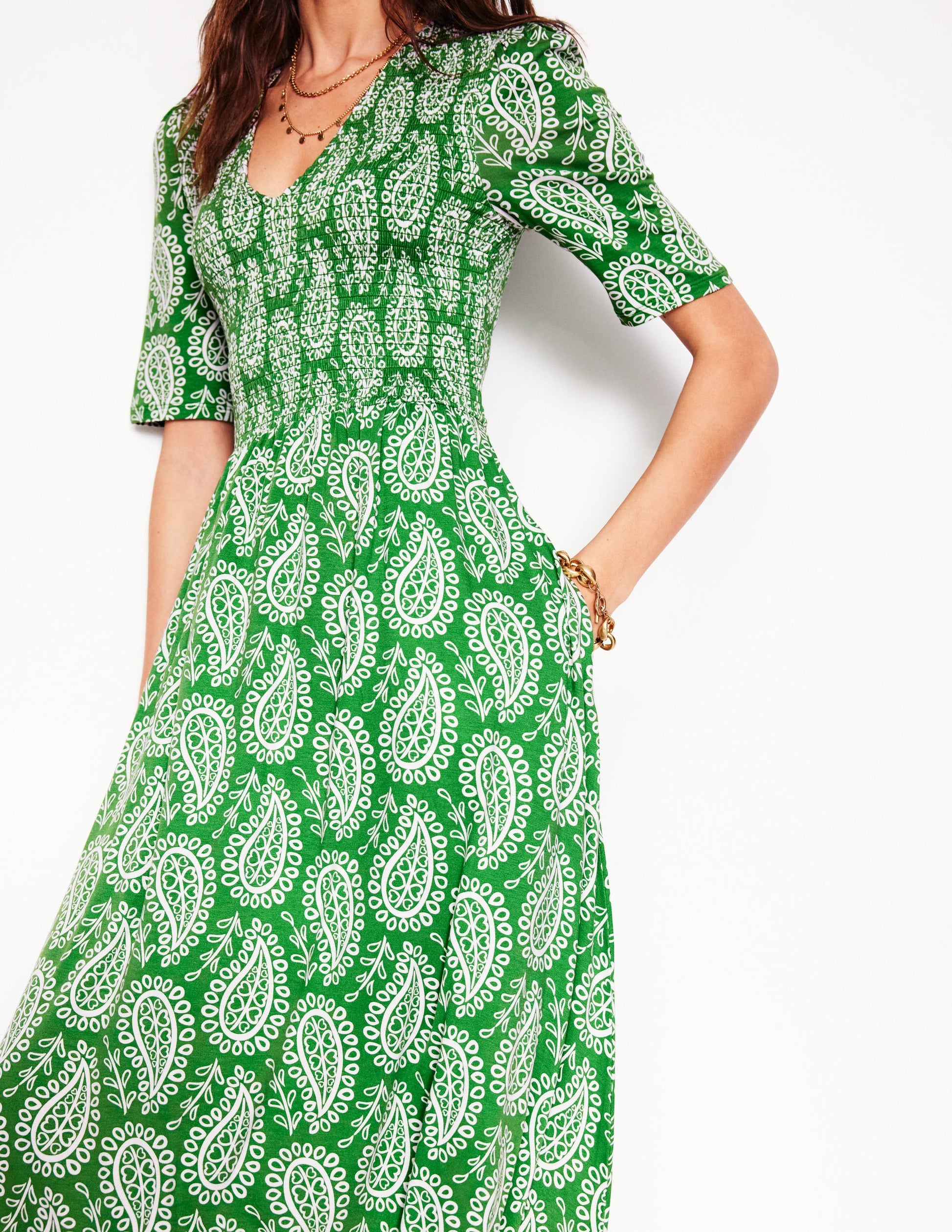 Bethany Smocked Jersey Dress-Paradise Green, Paisley Heart-2