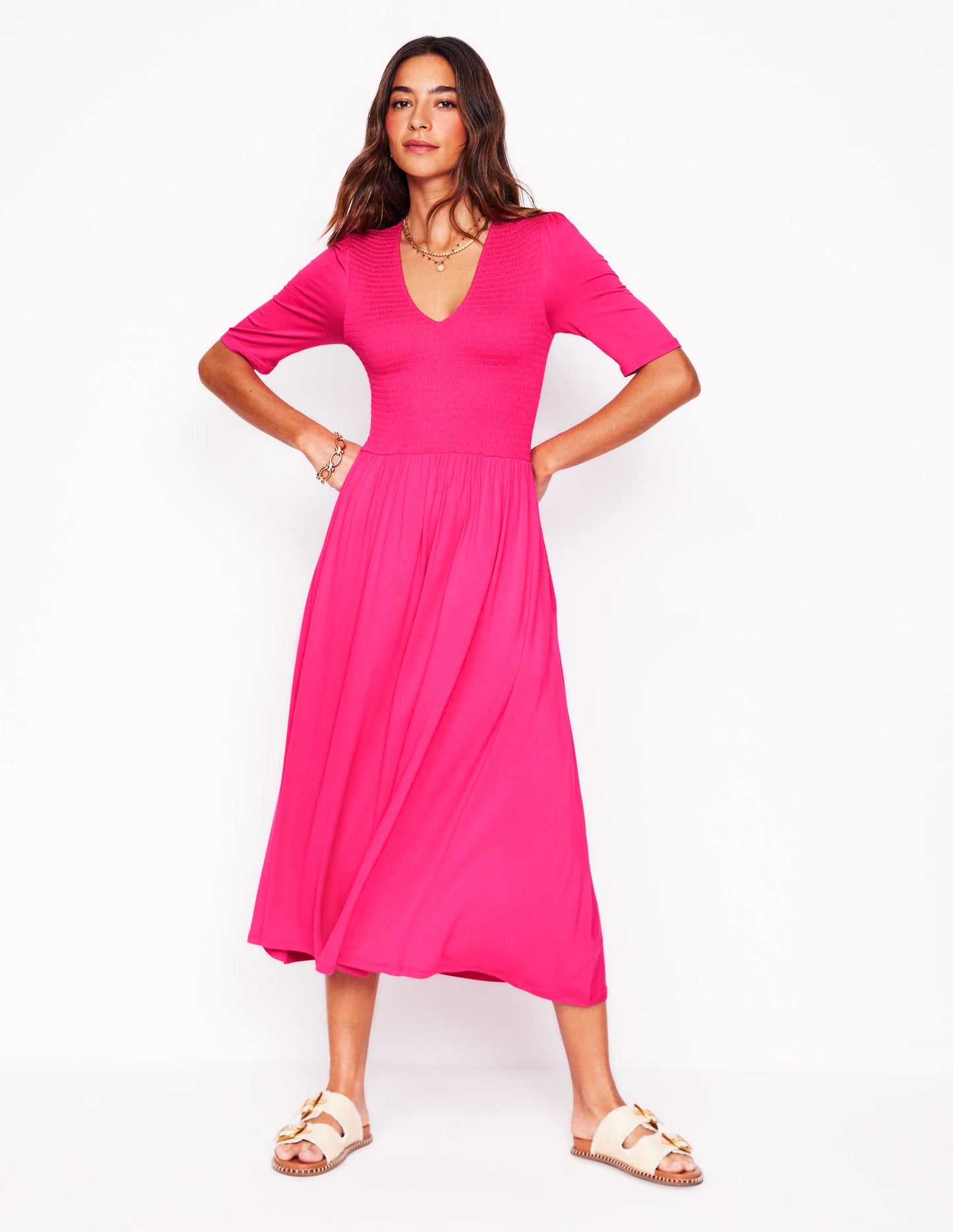 Bethany Smocked Jersey Dress-Pink Peony