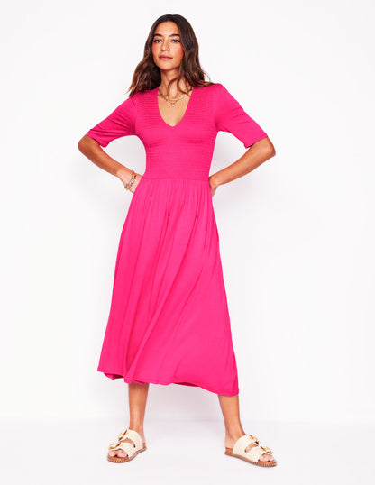 Bethany Smocked Jersey Dress-Pink Peony