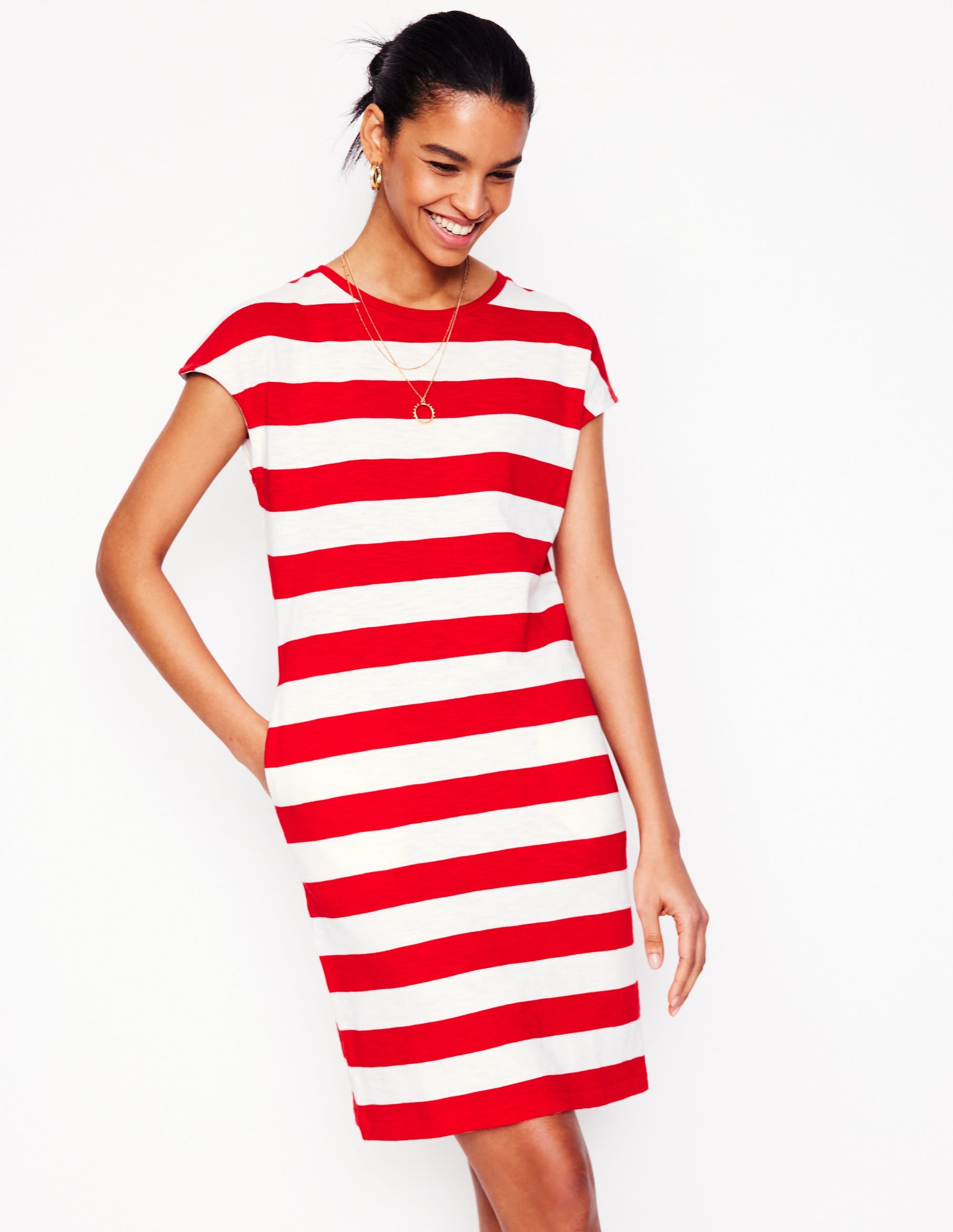 Leah Jersey T-shirt Dress-Poppy Red, White Stripe - Image 1