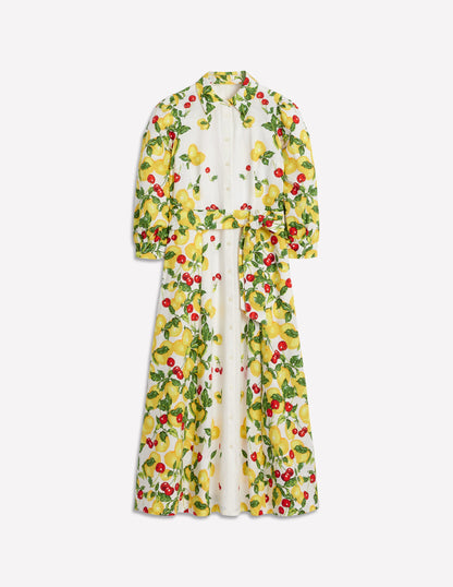 Clara Linen Blend Shirt Dress-Ivory, Cherries and Lemons