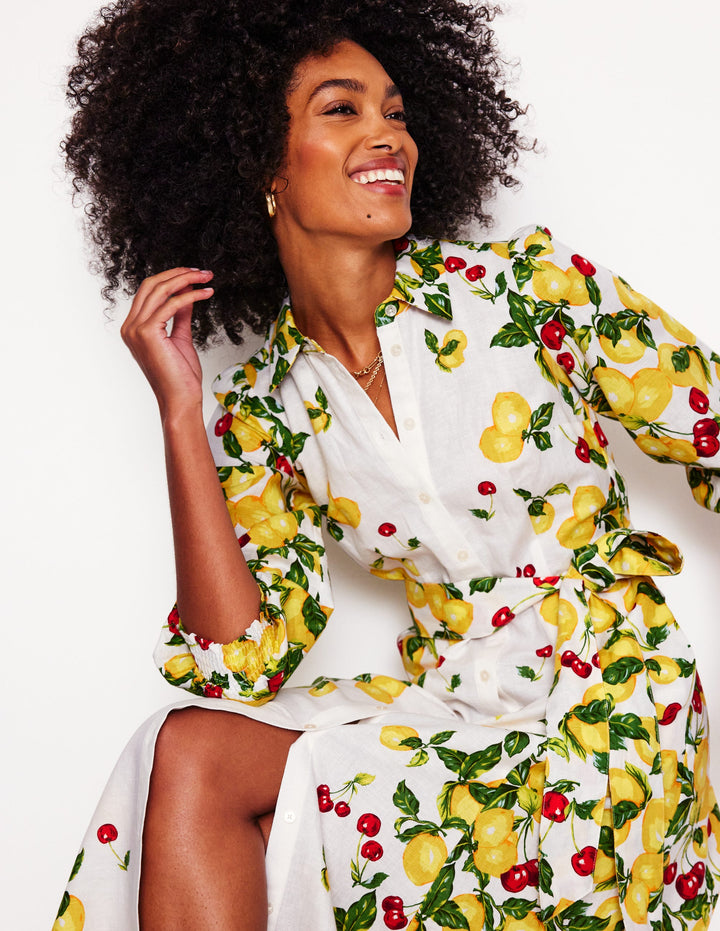 Clara Linen Blend Shirt Dress-Ivory, Cherries and Lemons