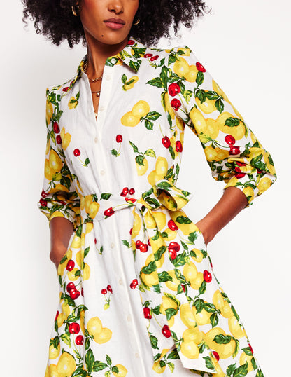 Clara Linen Blend Shirt Dress-Ivory, Cherries and Lemons