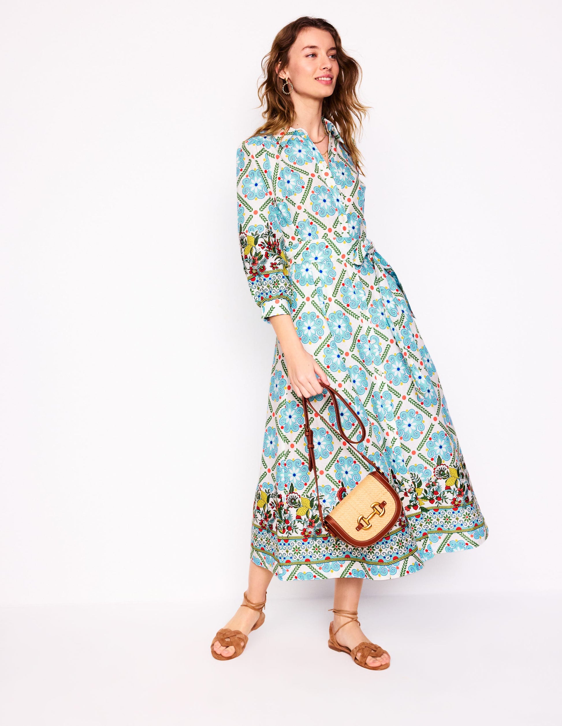 Clara Linen Blend Shirt Dress-Multi, Citrus Vine Tile-1