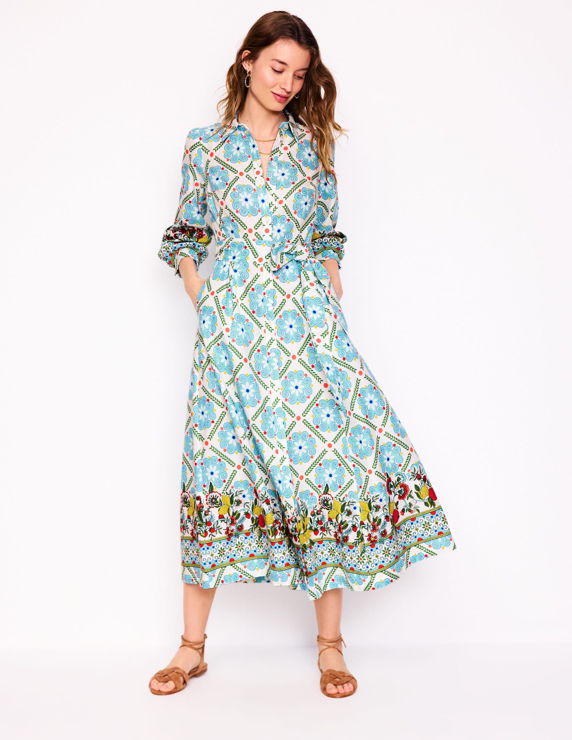 Clara Linen Blend Shirt Dress-Multi, Citrus Vine Tile | Boden Global Clara Linen Blend Shirt Dress-Multi, Citrus Vine Tile | Boden Global