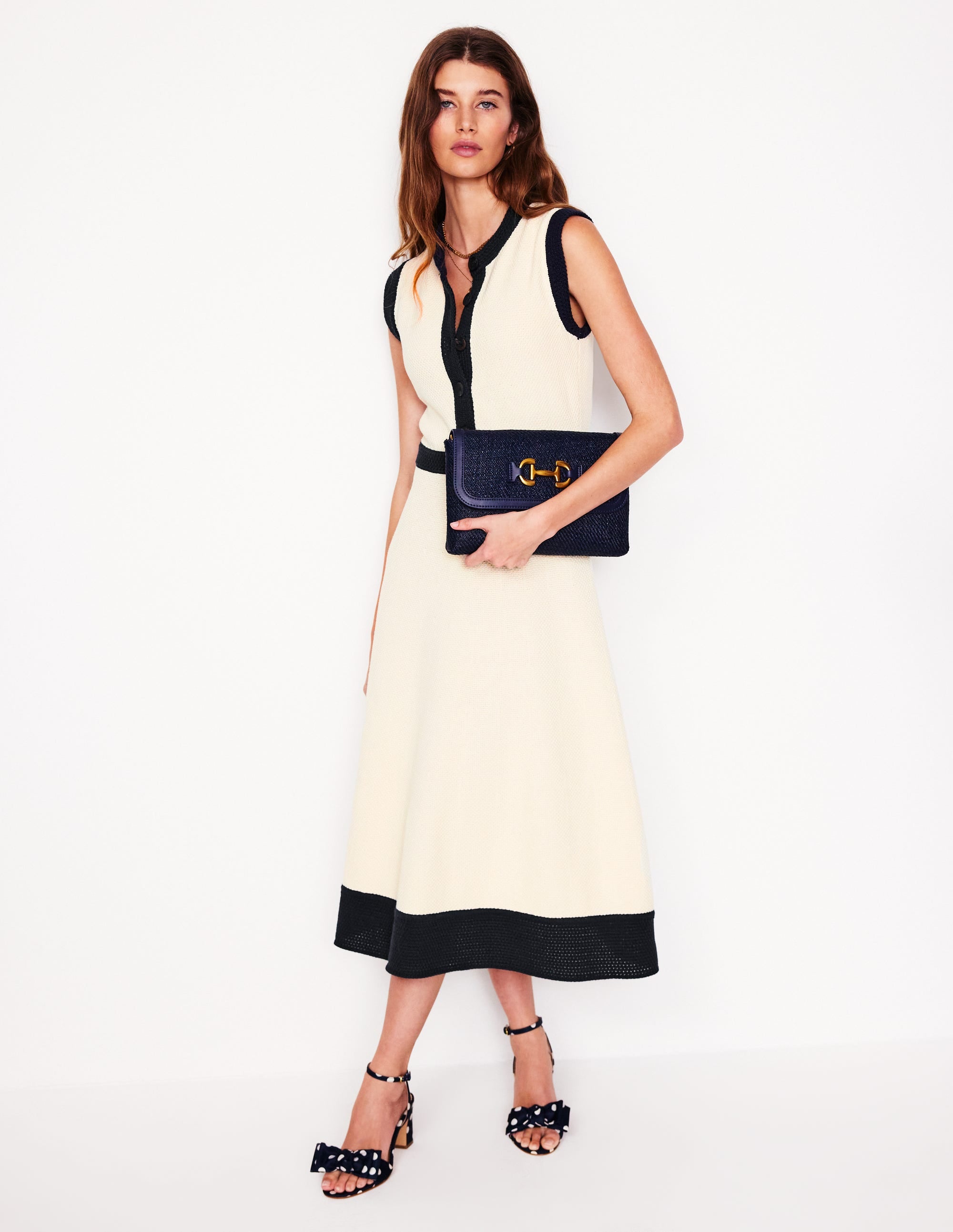 Crochet Trim Knitted Dress-Ivory, Navy - Image 1