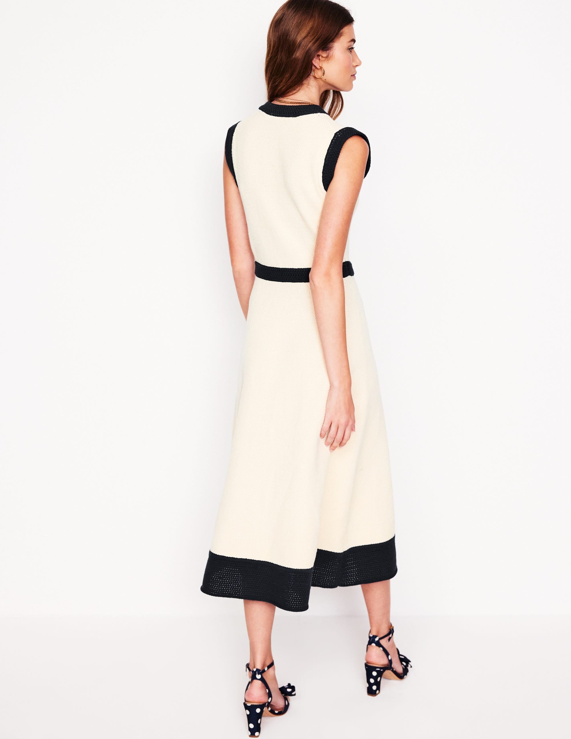 Crochet Trim Knitted Dress-Ivory, Navy - Image 4