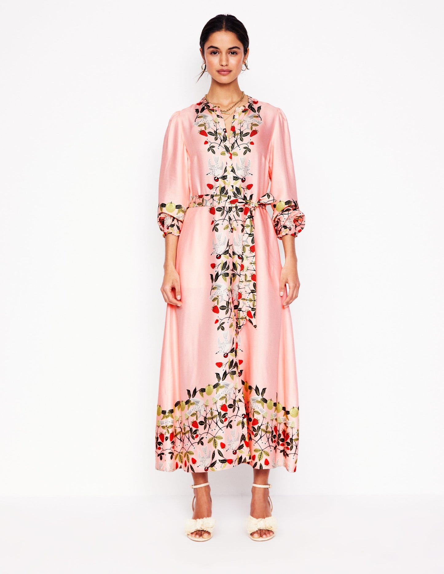 Ruby Collarless Shirt Dress-Pink, Bird Paradise