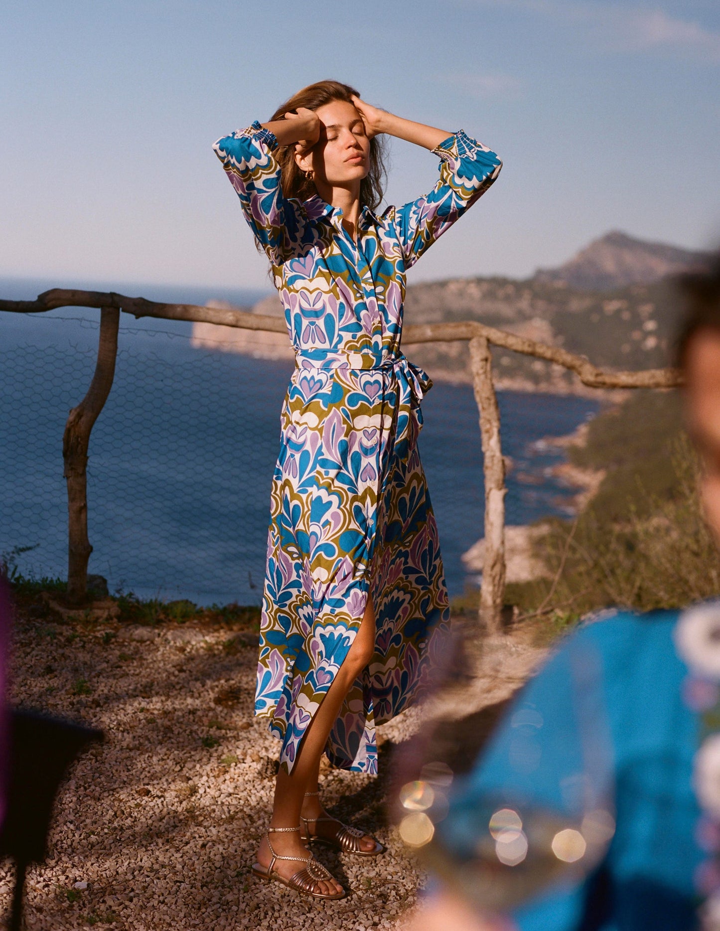 Clara Cotton Shirt Dress-Kingfisher Blue, Freesia Stamp