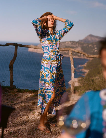 Clara Cotton Shirt Dress-Kingfisher Blue, Freesia Stamp