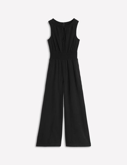 Smocked Double Cloth Jumpsuit-Black-5