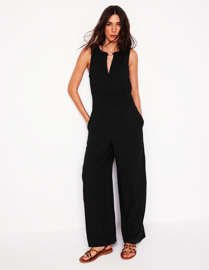 Smocked Double Cloth Jumpsuit-Black-1