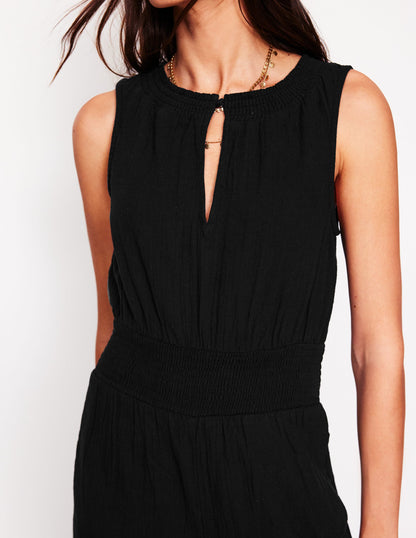 Smocked Double Cloth Jumpsuit-Black-2