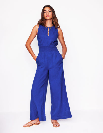 Smocked Double Cloth Jumpsuit-Bright Blue-1
