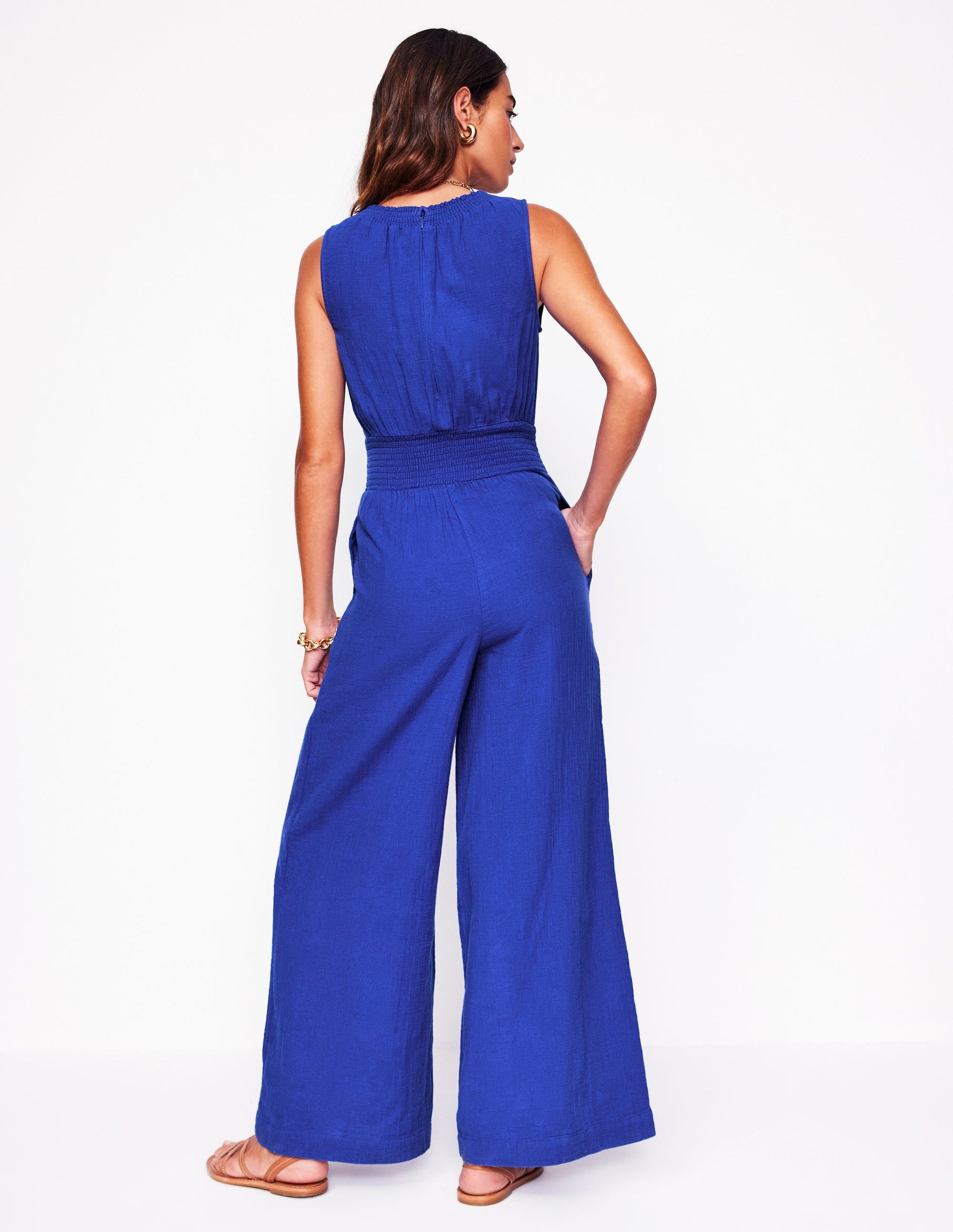 Smocked Double Cloth Jumpsuit-Bright Blue-3