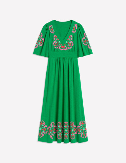 Maya Embroidered Kimono Dress-Rich Emerald, Embroidered