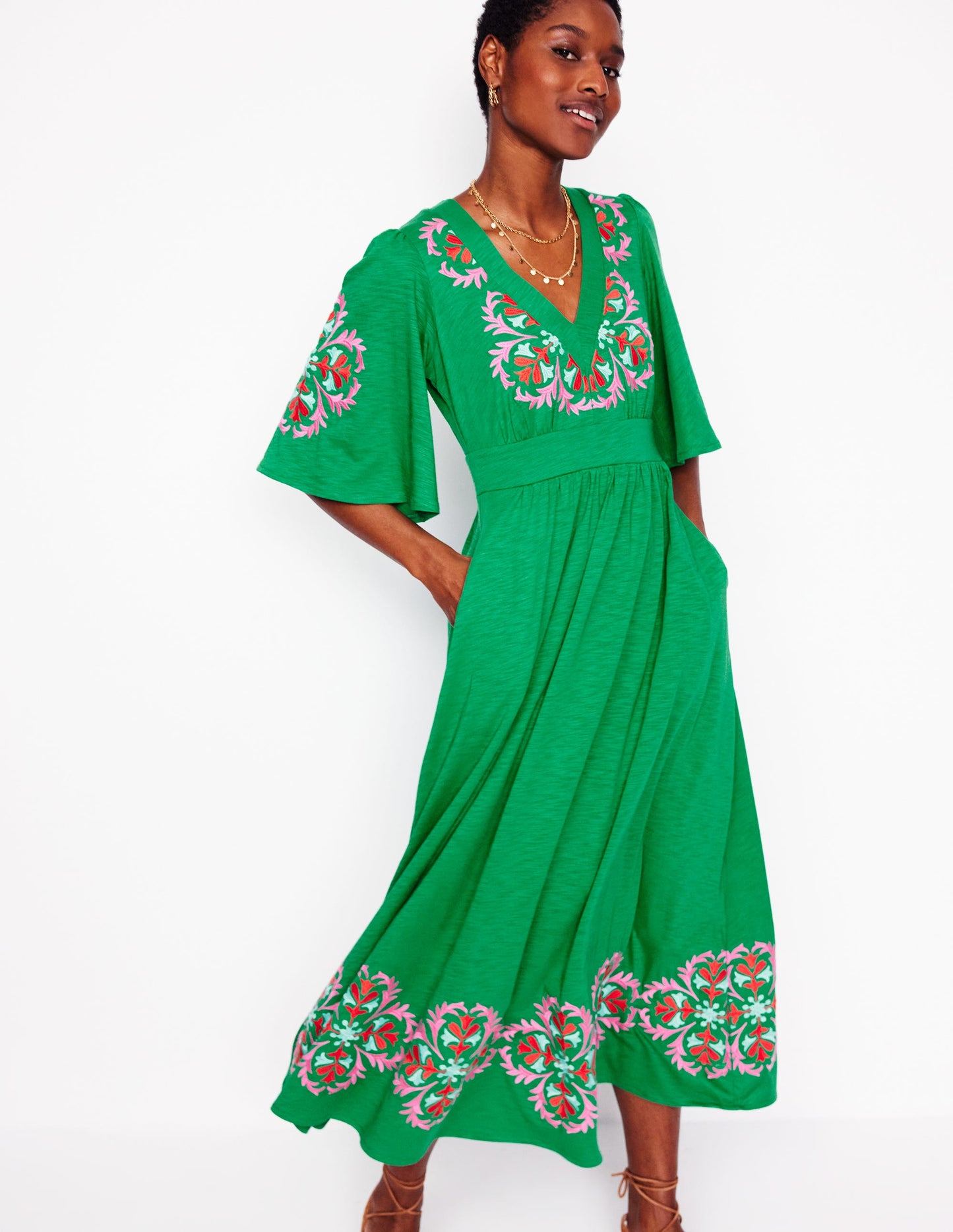 Maya Embroidered Kimono Dress-Rich Emerald, Embroidered