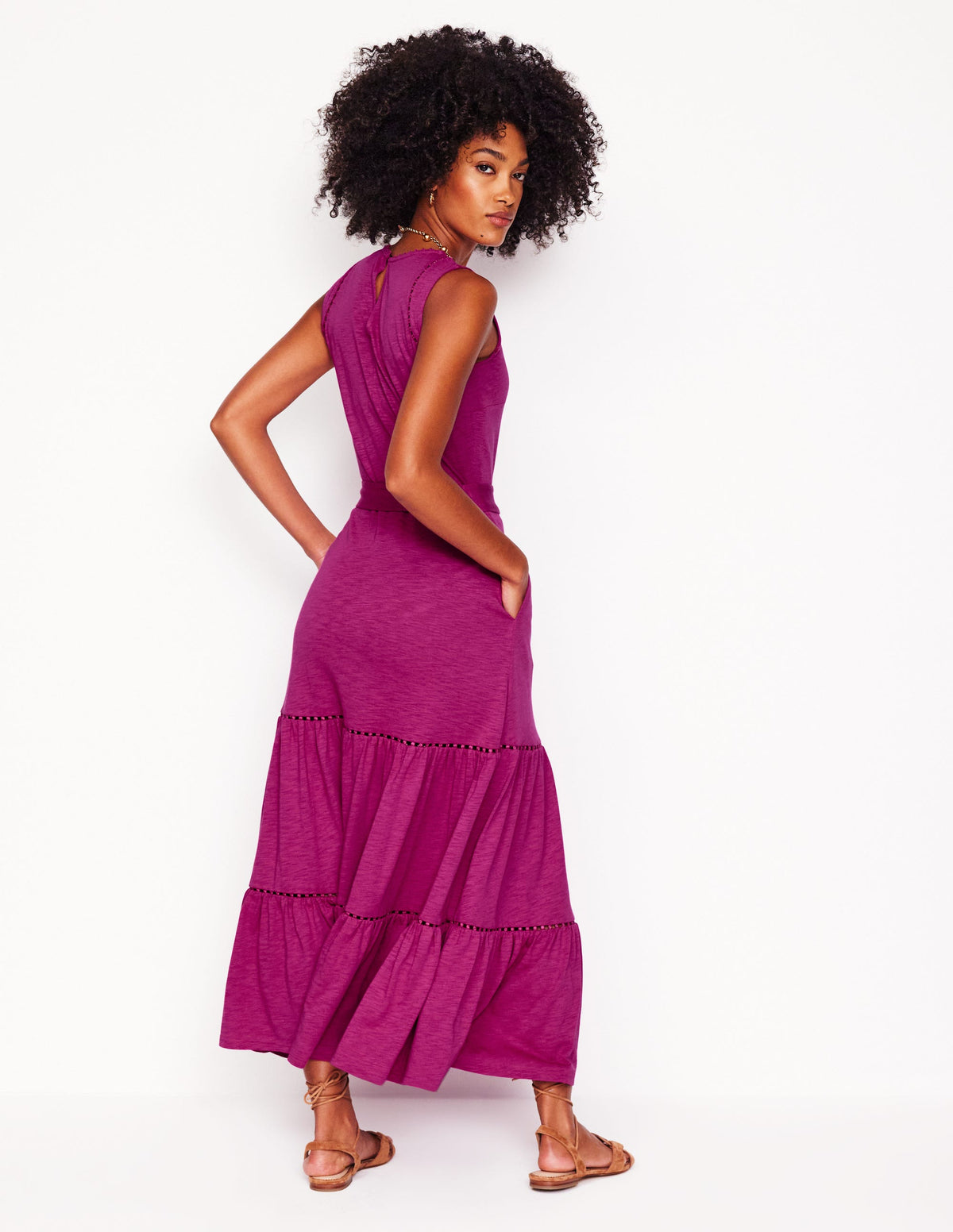 Mila Trim Tiered Jersey Dress-Fuschia - Image 3